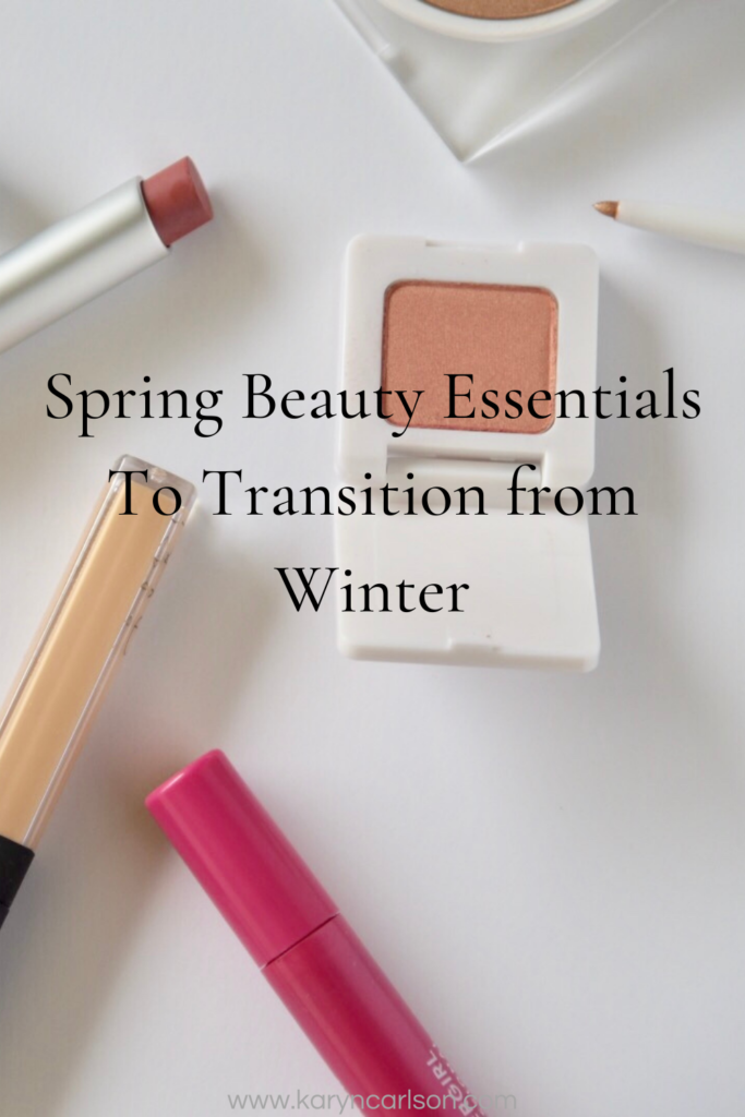 spring beauty essentials with peach eye shadow, pink lipstick, concealer and mascara