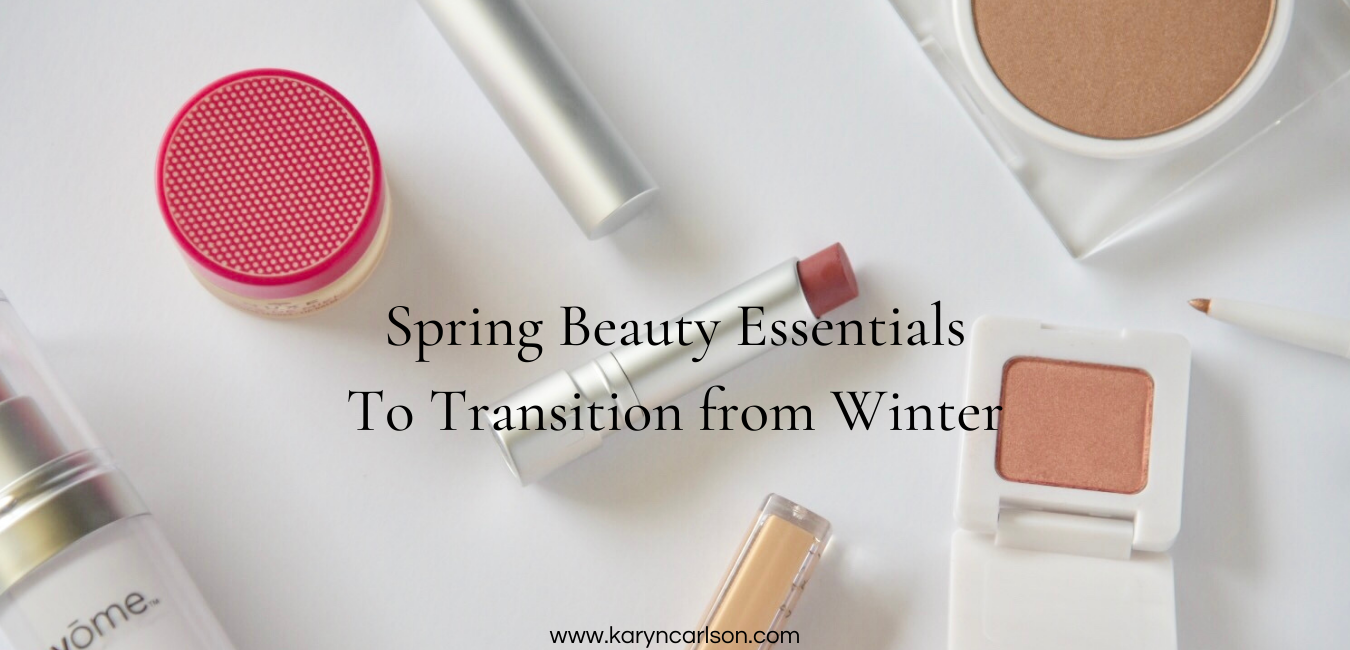 Spring Beauty essentials with bronzer, peach lipstick, concealer, peach eyeshadow