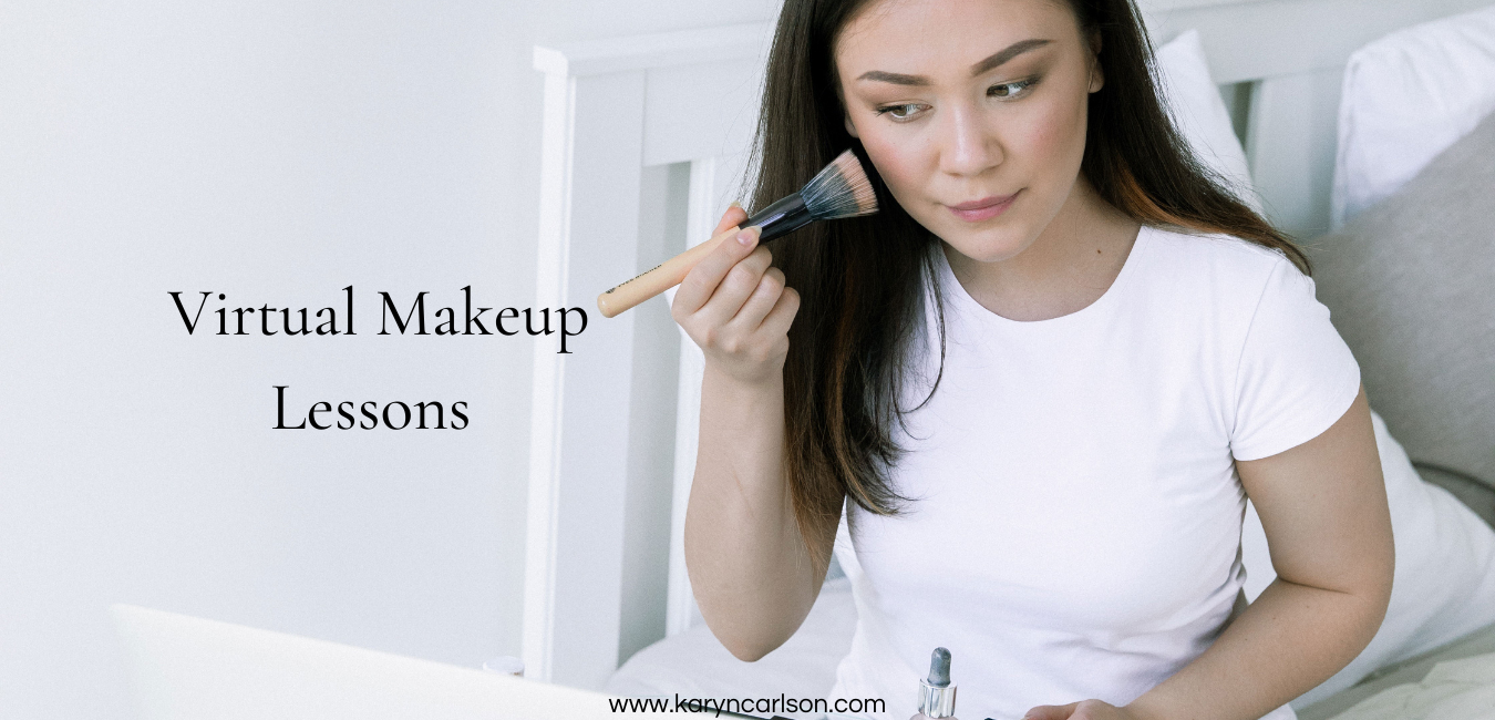 Woman in white tee applying makeup for virtual lesson